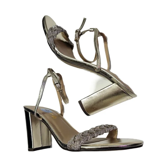 Rhinestone gold braided strappy block heel party shoes size 9 - Picture 7 of 15
